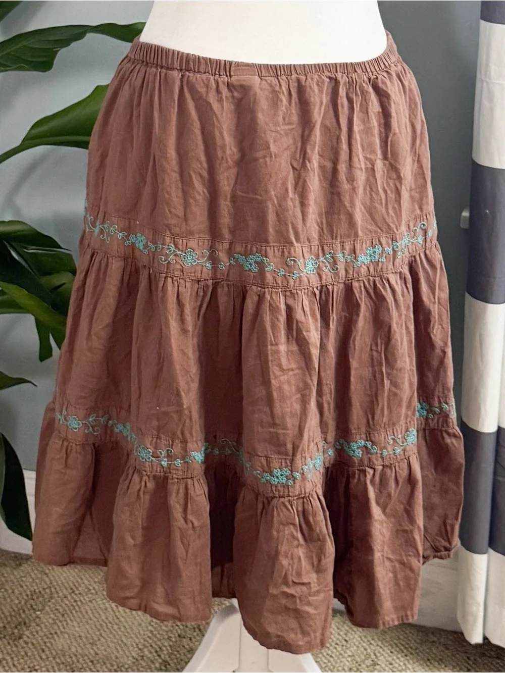 SO Rust Brown Tiered Midi Skirt with Turquoise Embroidery